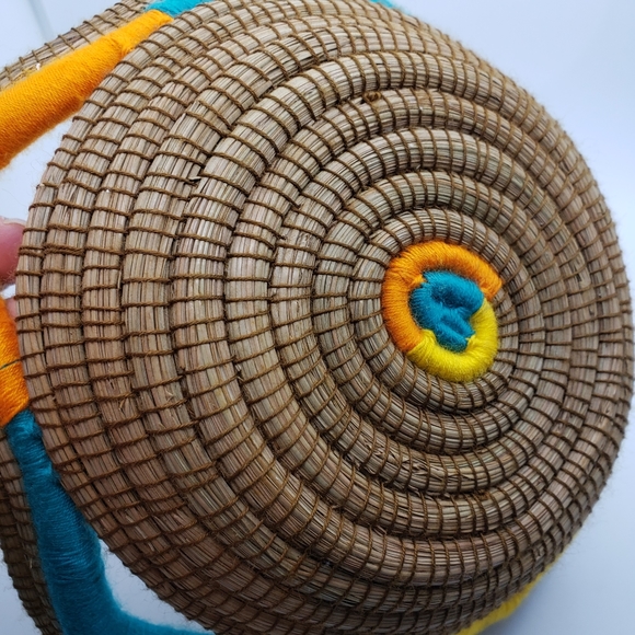 Handcrafted Woven Pine Needle Openwork Basket Orange Yellow Aqua - Picture 6 of 7